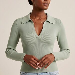 INTERMIX Nina Ribbed Polo Sweater Sage Green Large
